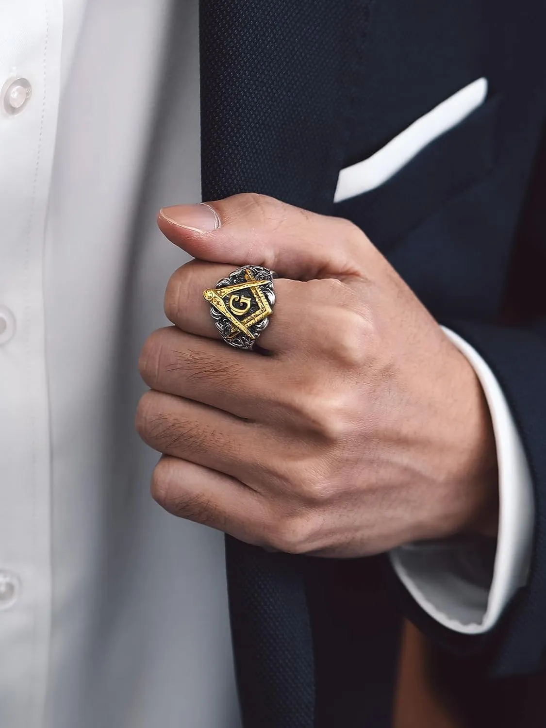 Bandmax Masonic Rings for Men, Stainless Steel Square/Round Shape Mens Signet Rings, Steel/Gold/Black Freemason Symbol Ring Size 7-14 Masonic Jewelry Gift