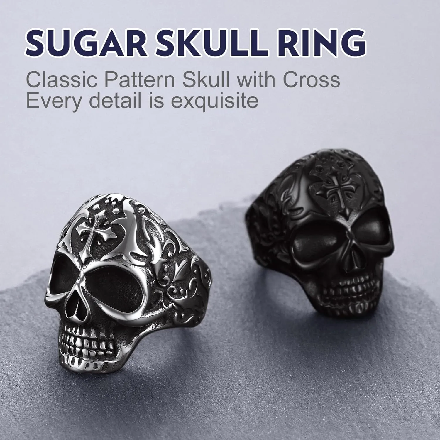 Bandmax Mens Skull Rings, Stainless Steel Skull Skeleton Band Rings for Men Women Gothic Punk Biker Rings Size 7-14