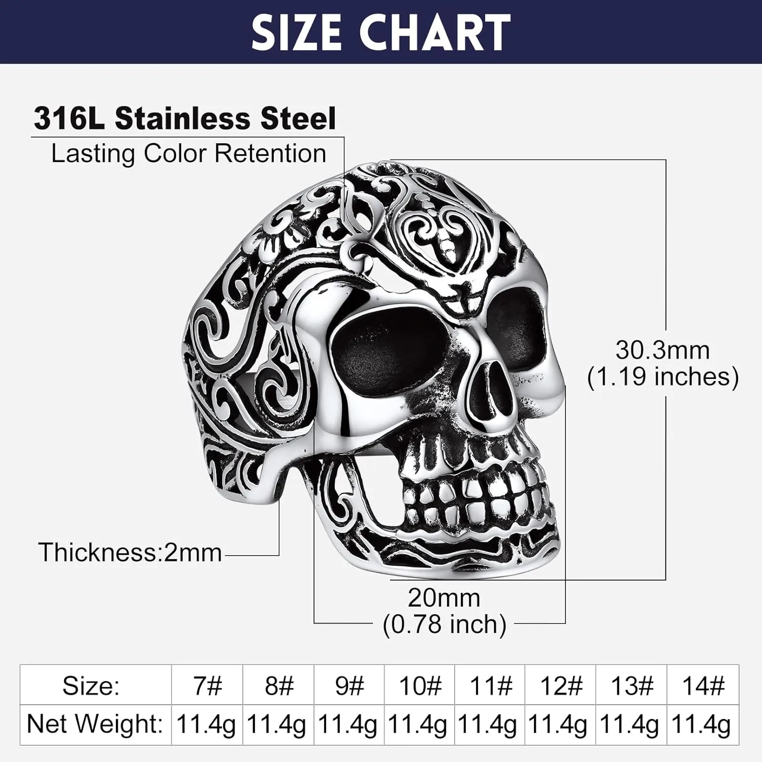 Bandmax Mens Skull Rings, Stainless Steel Skull Skeleton Band Rings for Men Women Gothic Punk Biker Rings Size 7-14
