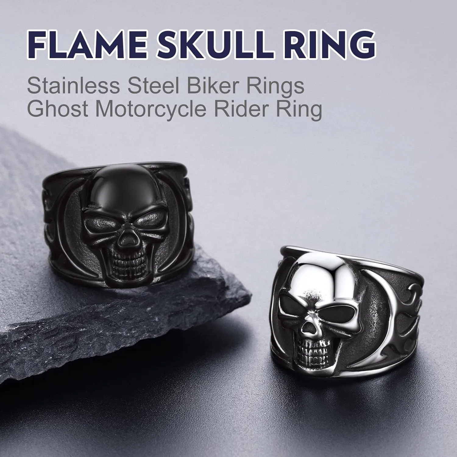 Bandmax Mens Skull Rings, Stainless Steel Skull Skeleton Band Rings for Men Women Gothic Punk Biker Rings Size 7-14