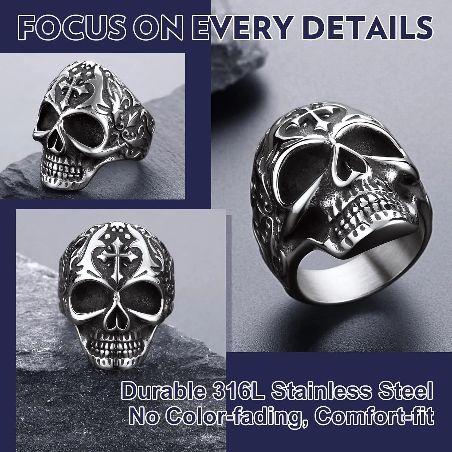 Bandmax Mens Skull Rings, Stainless Steel Skull Skeleton Band Rings for Men Women Gothic Punk Biker Rings Size 7-14