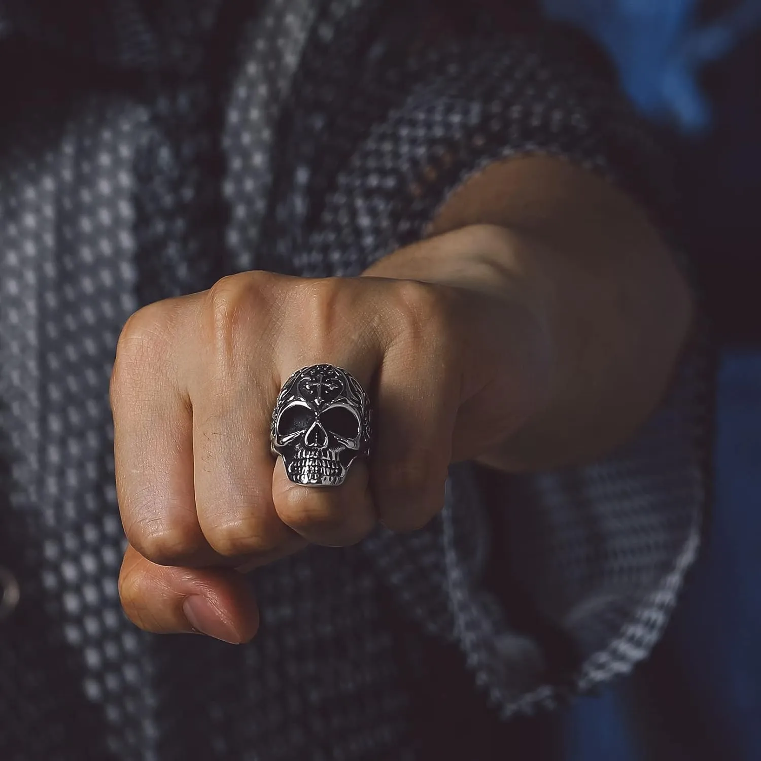Bandmax Mens Skull Rings, Stainless Steel Skull Skeleton Band Rings for Men Women Gothic Punk Biker Rings Size 7-14