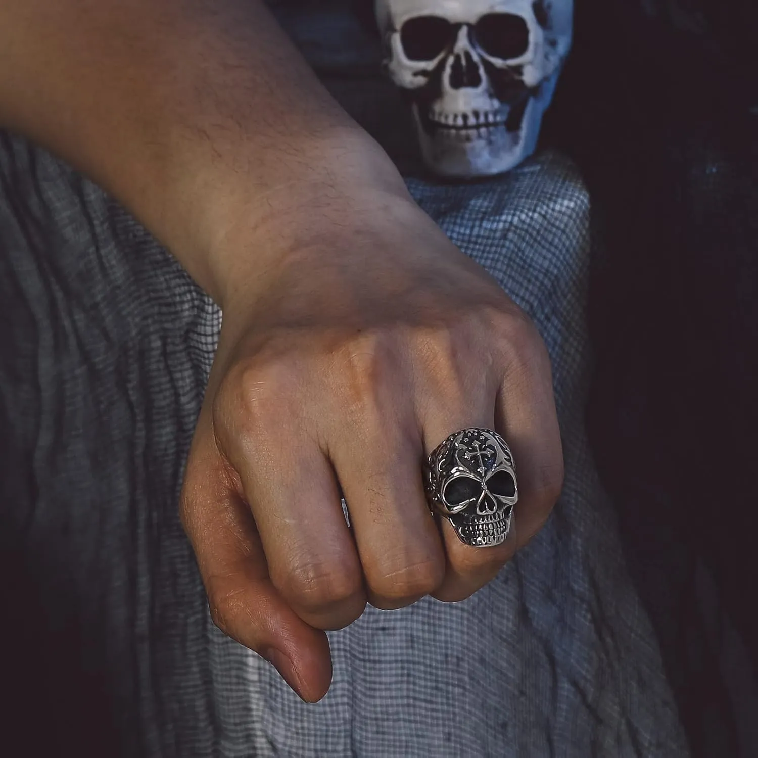Bandmax Mens Skull Rings, Stainless Steel Skull Skeleton Band Rings for Men Women Gothic Punk Biker Rings Size 7-14