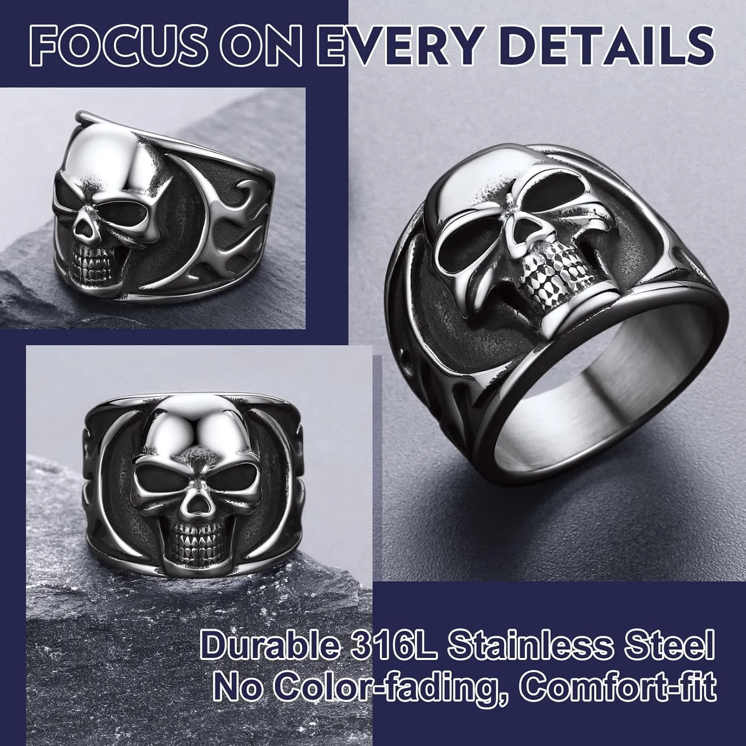 Bandmax Mens Skull Rings, Stainless Steel Skull Skeleton Band Rings for Men Women Gothic Punk Biker Rings Size 7-14