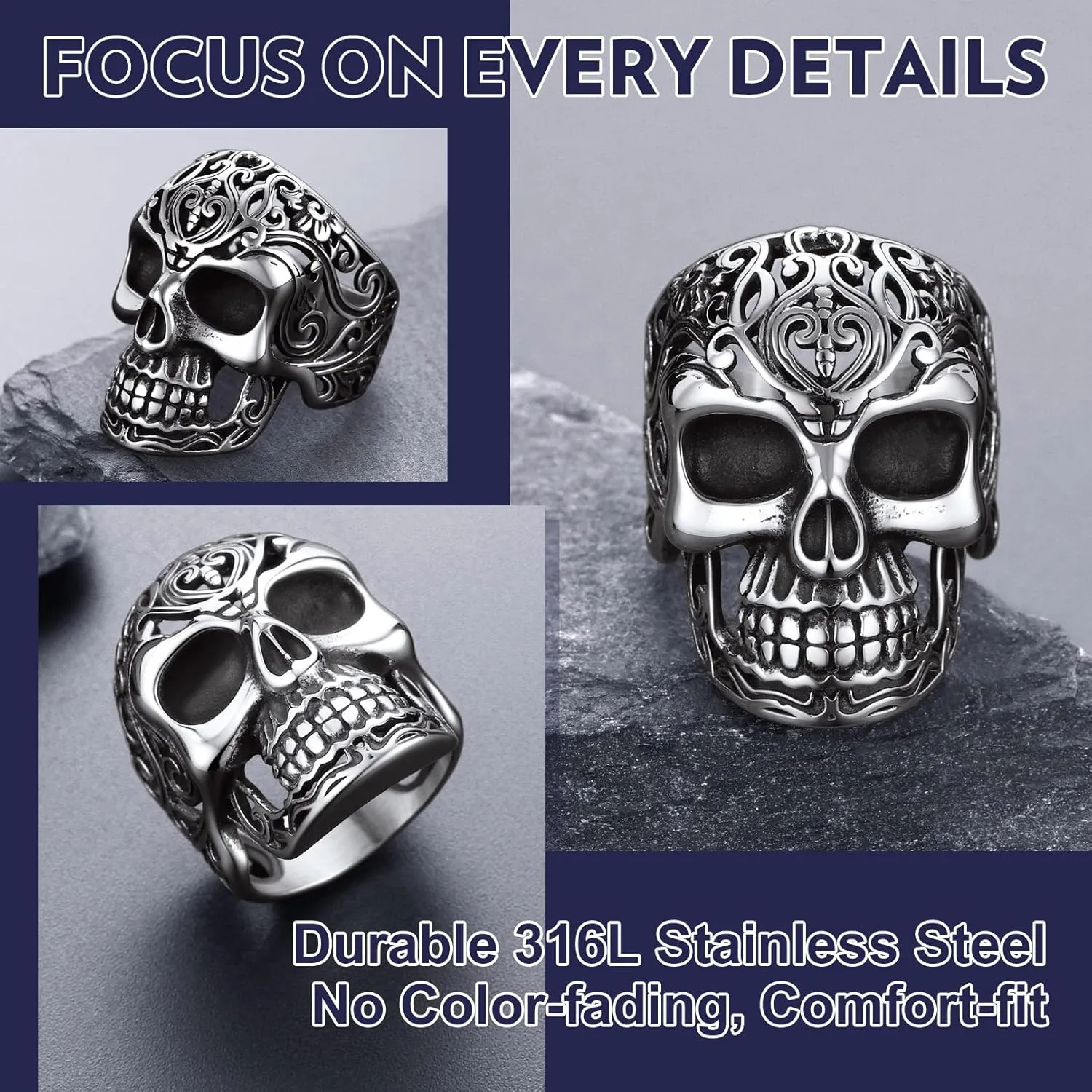 Bandmax Mens Skull Rings, Stainless Steel Skull Skeleton Band Rings for Men Women Gothic Punk Biker Rings Size 7-14