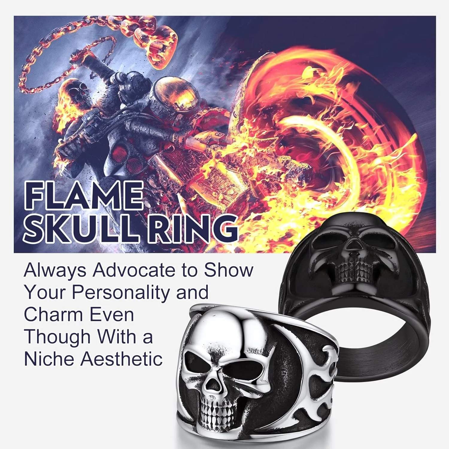 Bandmax Mens Skull Rings, Stainless Steel Skull Skeleton Band Rings for Men Women Gothic Punk Biker Rings Size 7-14