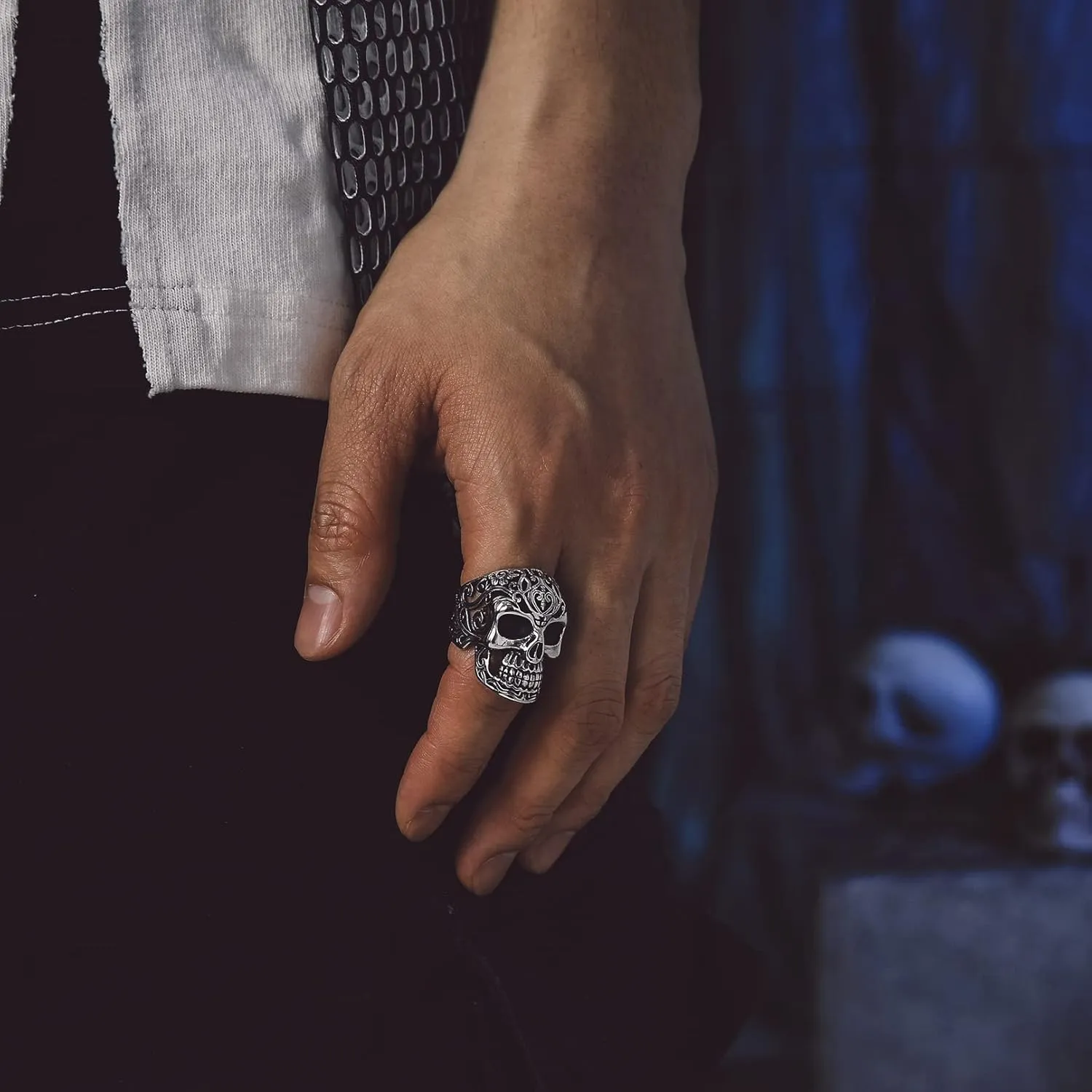 Bandmax Mens Skull Rings, Stainless Steel Skull Skeleton Band Rings for Men Women Gothic Punk Biker Rings Size 7-14