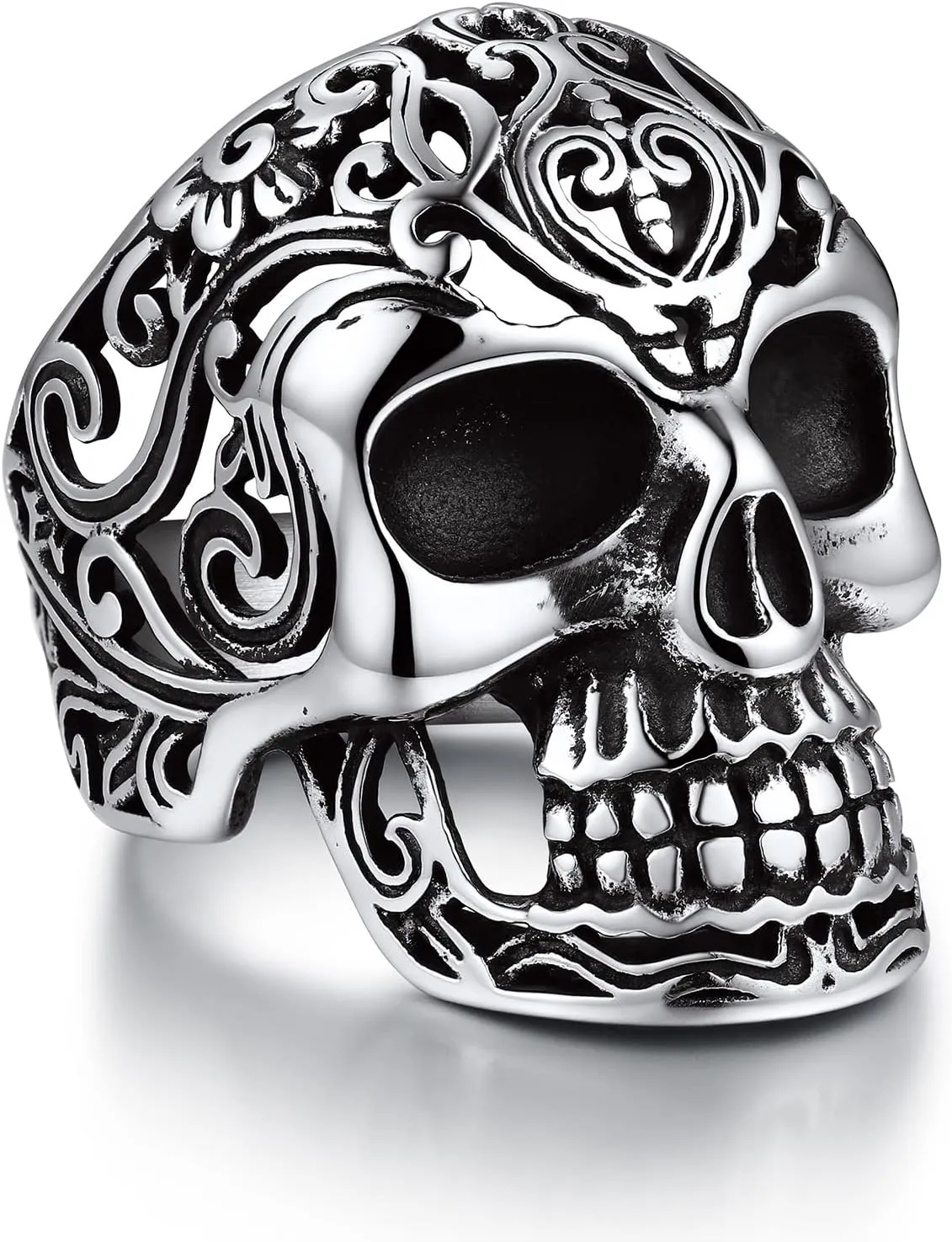 Bandmax Mens Skull Rings, Stainless Steel Skull Skeleton Band Rings for Men Women Gothic Punk Biker Rings Size 7-14