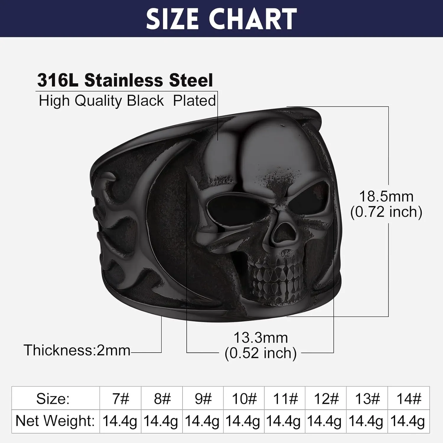 Bandmax Mens Skull Rings, Stainless Steel Skull Skeleton Band Rings for Men Women Gothic Punk Biker Rings Size 7-14