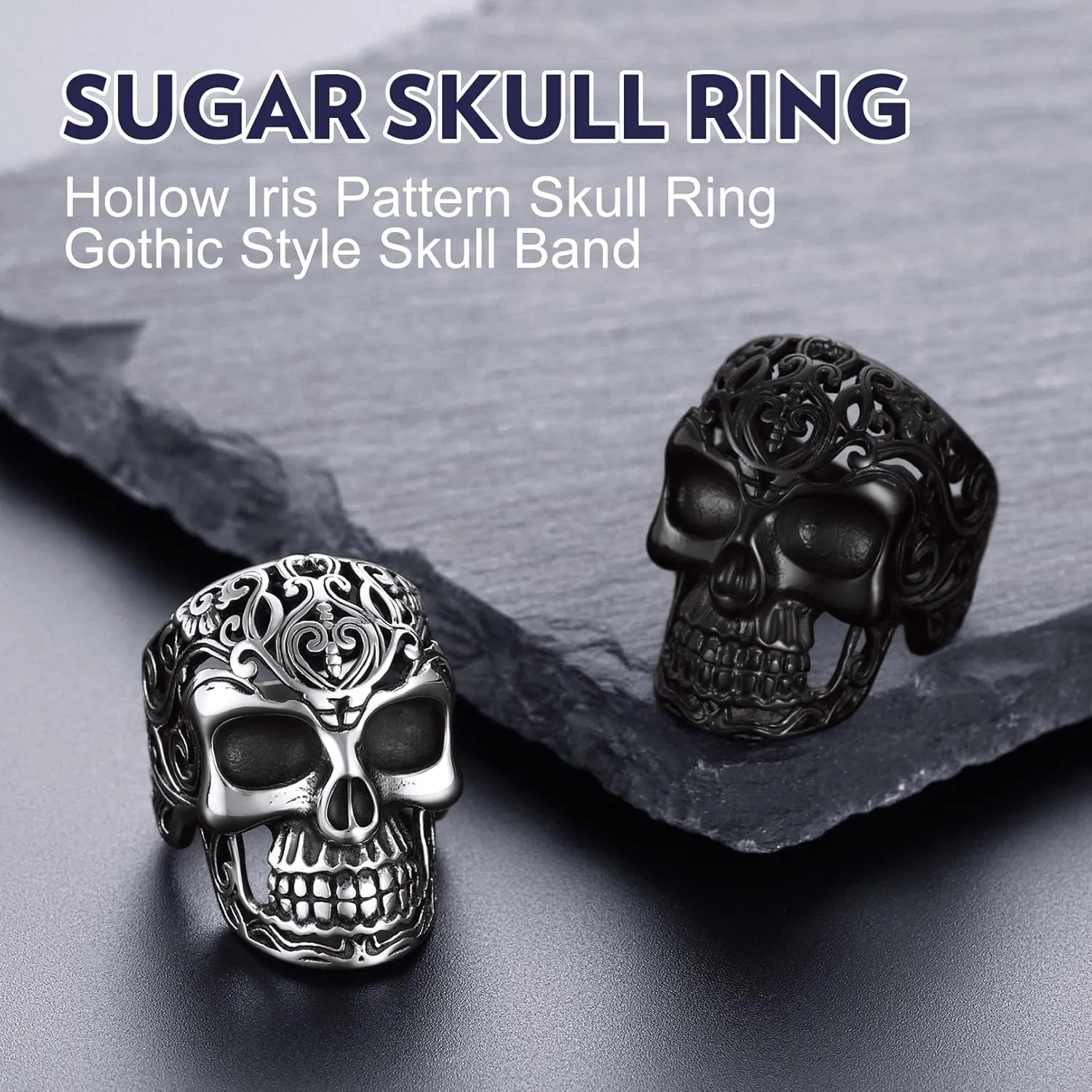 Bandmax Mens Skull Rings, Stainless Steel Skull Skeleton Band Rings for Men Women Gothic Punk Biker Rings Size 7-14