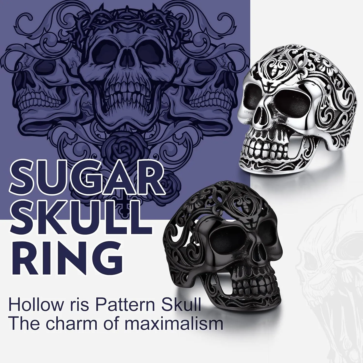Bandmax Mens Skull Rings, Stainless Steel Skull Skeleton Band Rings for Men Women Gothic Punk Biker Rings Size 7-14