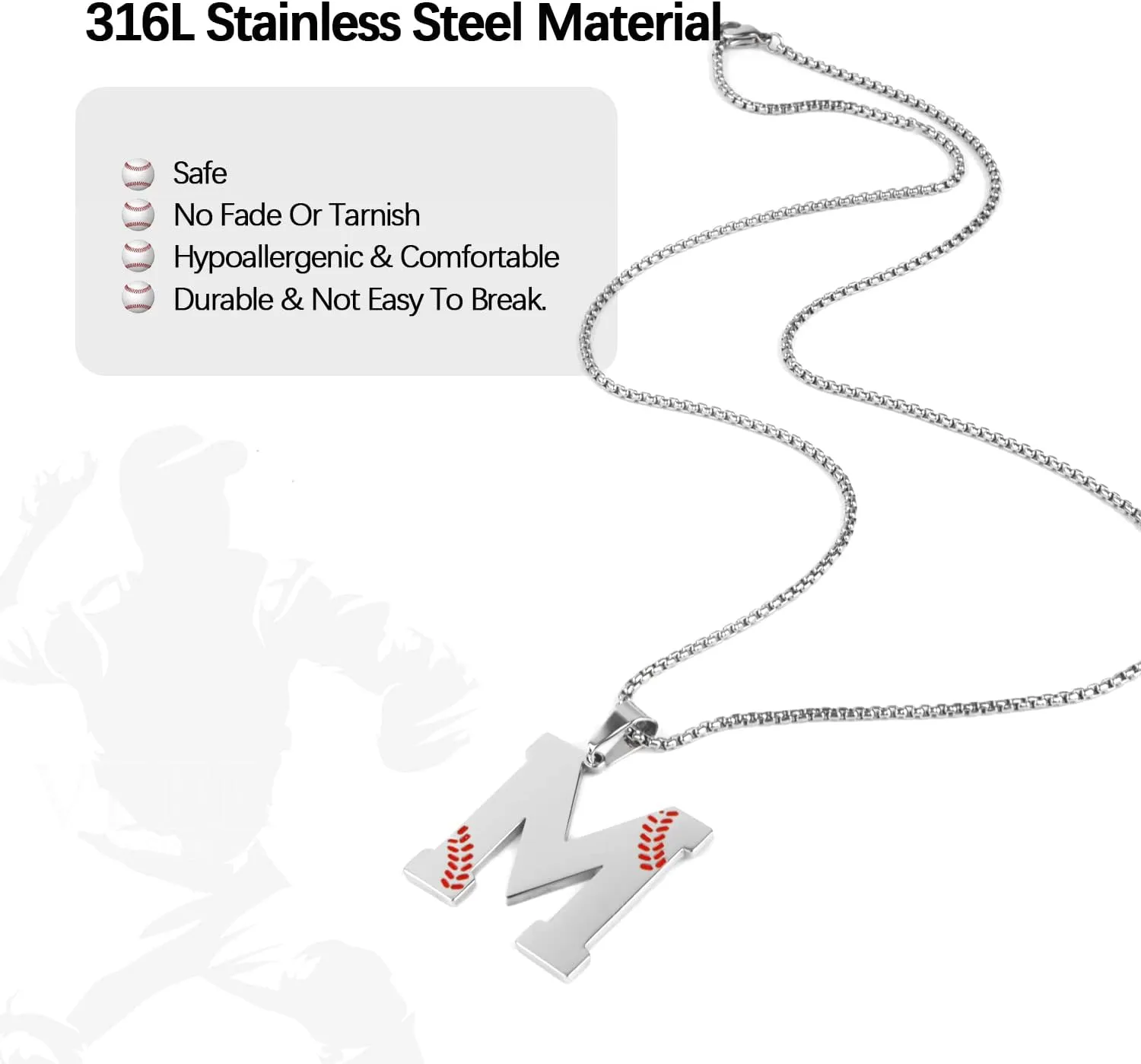 Baseball Initial Necklace for Boys Men A-Z Letter Necklaces Chain Stainless Steel Pendant with Accessories Sport Charm Baseball Gifts for Team Player Athlete Lover Fans