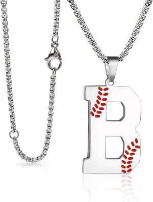 Baseball Initial Necklace for Boys Men A-Z Letter Necklaces Chain Stainless Steel Pendant with Accessories Sport Charm Baseball Gifts for Team Player Athlete Lover Fans