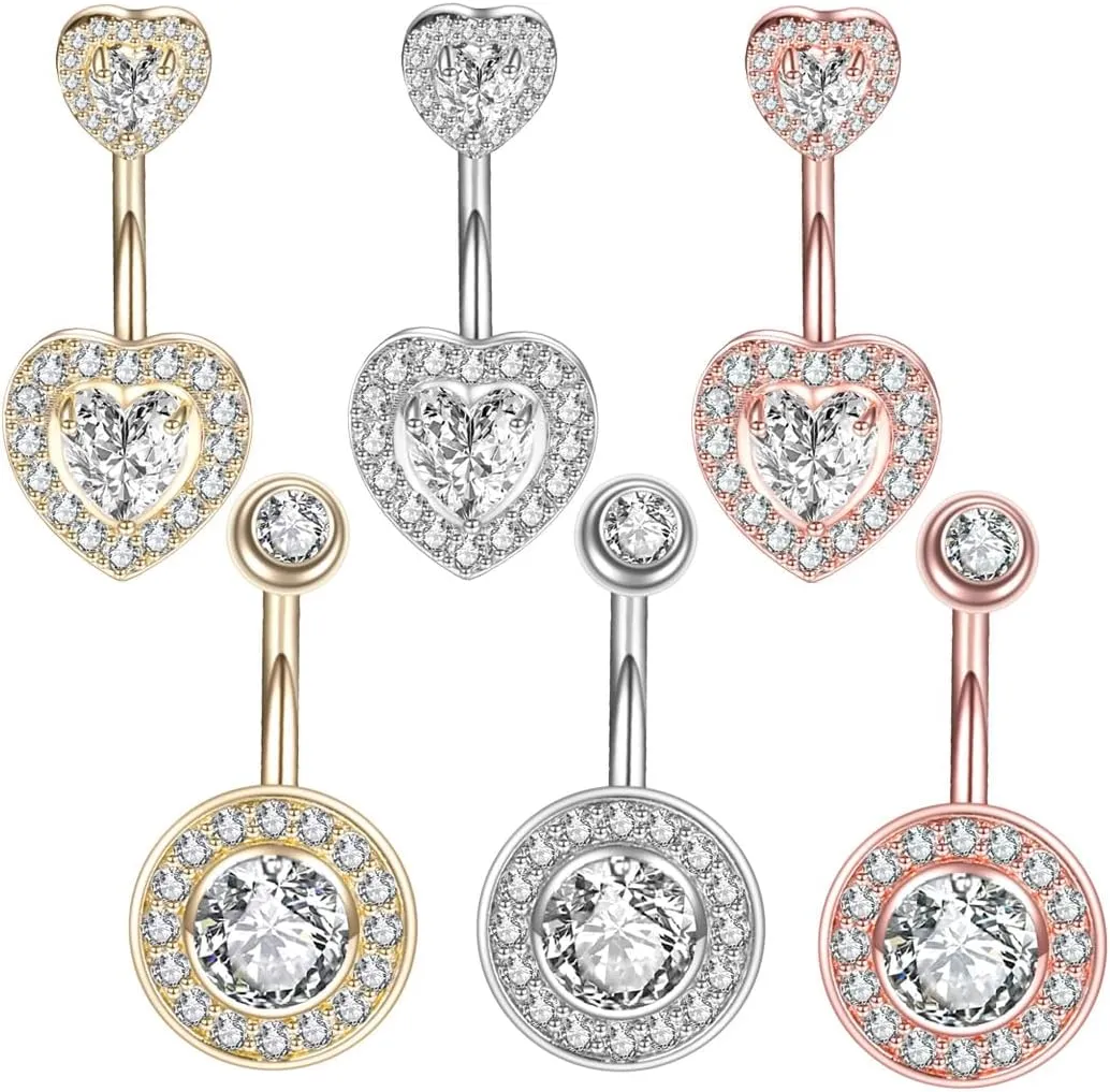Belly Button Piercing Ring for Women,6PCS Surgical Steel Belly Button Rings Barbell Jewelry Rings Bulk for Body Piercing with Dangle Curved Navel Rings Heart Belly Ring