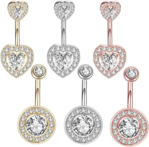 Belly Button Piercing Ring for Women,6PCS Surgical Steel Belly Button Rings Barbell Jewelry Rings Bulk for Body Piercing with Dangle Curved Navel Rings Heart Belly Ring