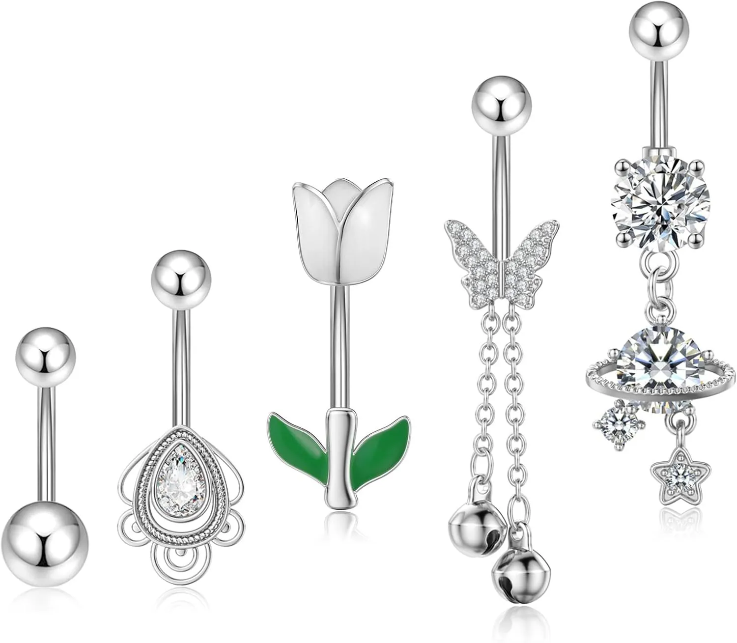 Belly Button Ring Silver, 14G Surgical Steel Belly Button Rings CZ Dangling Navel Ring for Women, Hypoallergenic Belly Piercing Jewelry, 5 Pieces