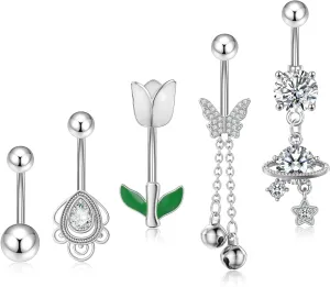 Belly Button Ring Silver, 14G Surgical Steel Belly Button Rings CZ Dangling Navel Ring for Women, Hypoallergenic Belly Piercing Jewelry, 5 Pieces