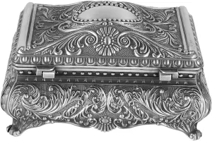 belupai Vintage Rectangular Shape Jewelry Box, Classic Vintage Antique Jewelry Storage Organizer Chest, Trinket Box Ring Earrings Treasure Organizer Gift Box for Women and Girls(Antique Silver)