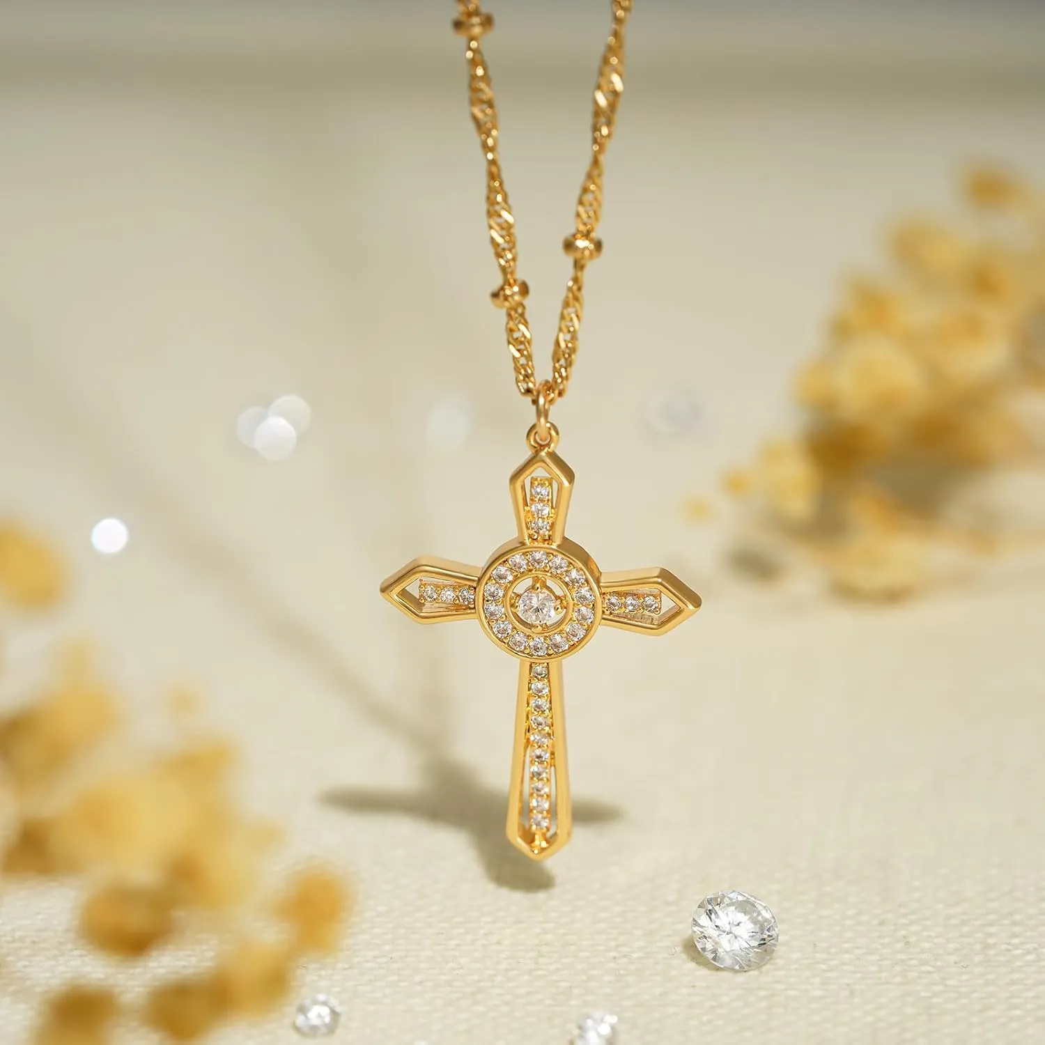 BENEIGE Gold Cross Necklace 14K Gold Plated Dainty Simple Cubic Zircon Chain Celtic Cross Pendant Necklace Jewelry for Women Men