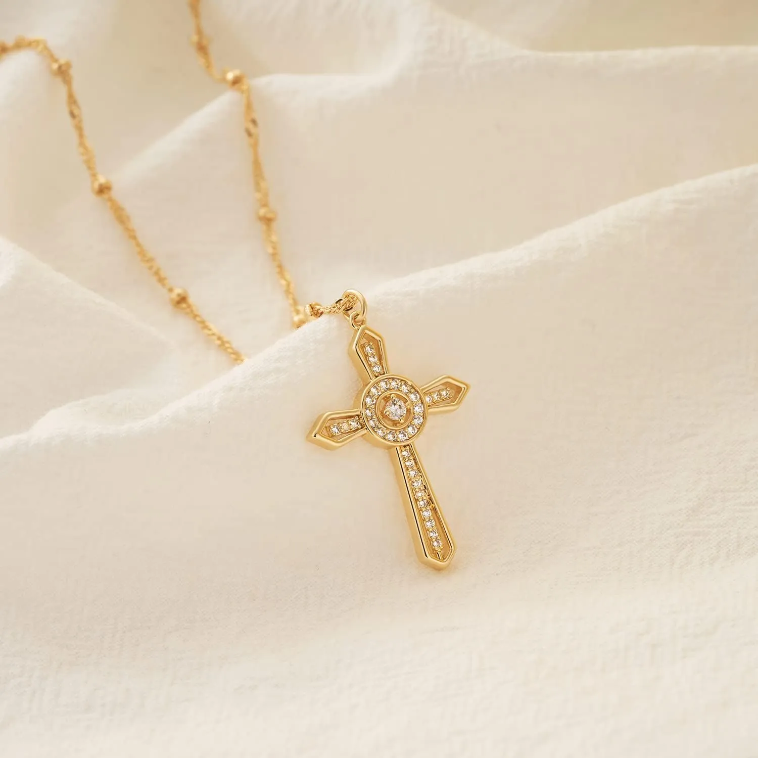 BENEIGE Gold Cross Necklace 14K Gold Plated Dainty Simple Cubic Zircon Chain Celtic Cross Pendant Necklace Jewelry for Women Men