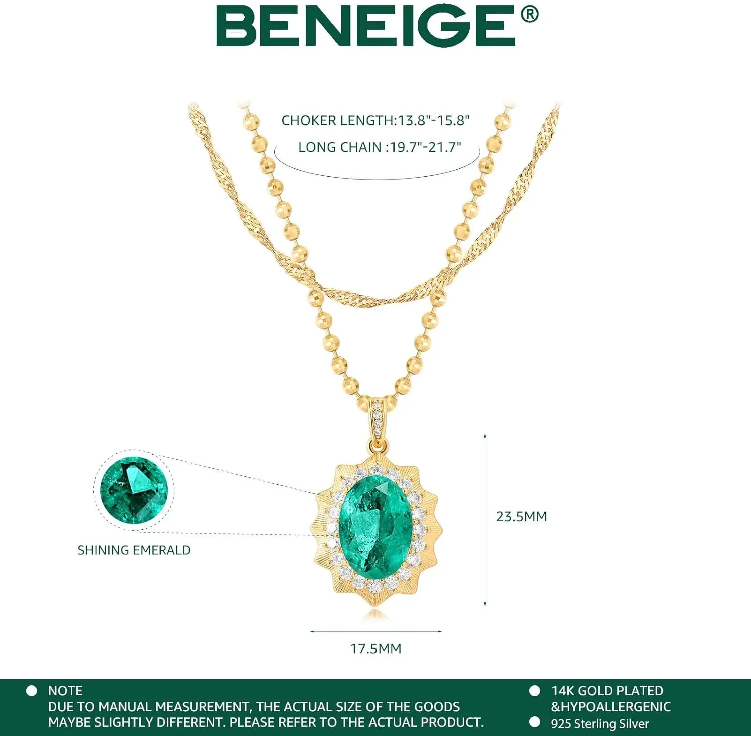 BENEIGE Layered Necklaces for Women 14K Gold Plated Emerald Necklace for Women Dainty Gold Necklace Stack Hypoallergenic Jewelry for Women