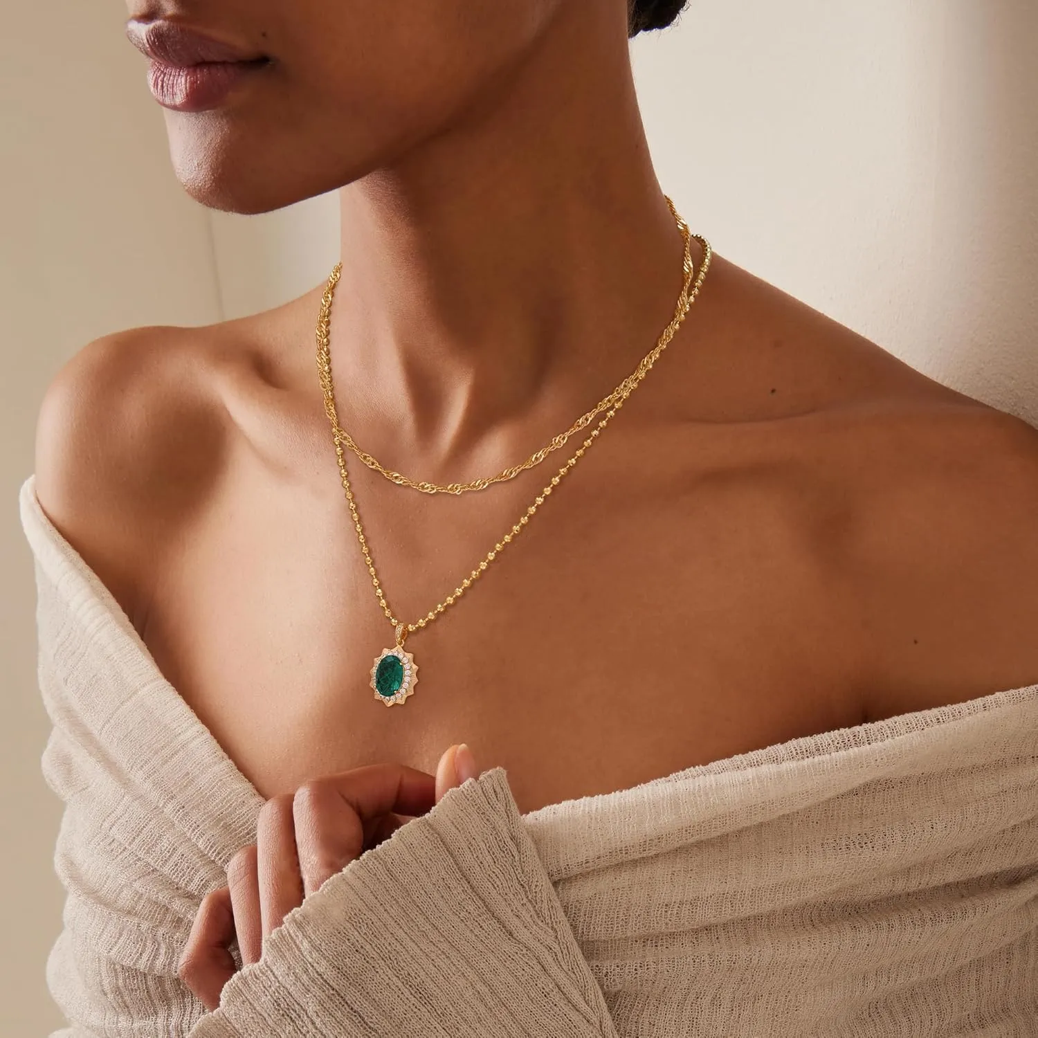BENEIGE Layered Necklaces for Women 14K Gold Plated Emerald Necklace for Women Dainty Gold Necklace Stack Hypoallergenic Jewelry for Women