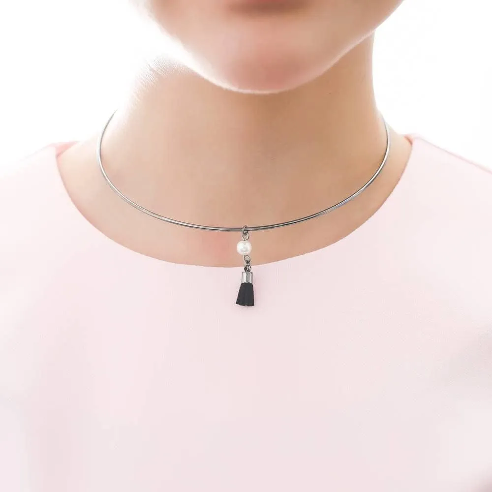 BERRICLE Tassel Imitation Pearl Fashion Choker Necklace for Women (Rose Gold-tone, Gold-tone, Silver-tone, Black-tone)