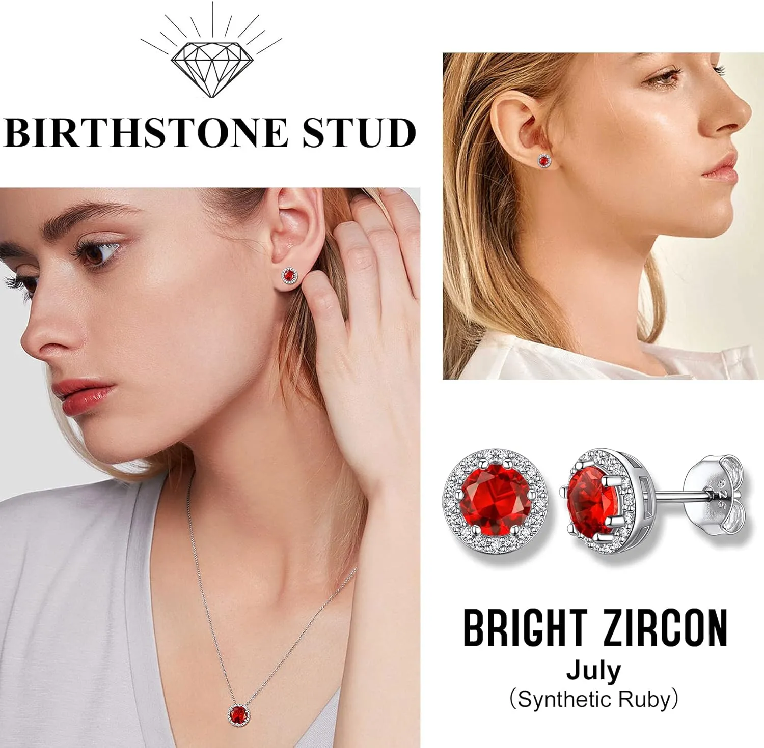 Bestyle Sparkling 925 Sterling Silver Birthstone Stud Earrings for Women, Heart/Round/Teardrop/Square Crystal Solitaire Diamond Studs Halo Earrings, Great Birthday/Christmas Gifts