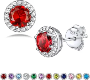 Bestyle Sparkling 925 Sterling Silver Birthstone Stud Earrings for Women, Heart/Round/Teardrop/Square Crystal Solitaire Diamond Studs Halo Earrings, Great Birthday/Christmas Gifts