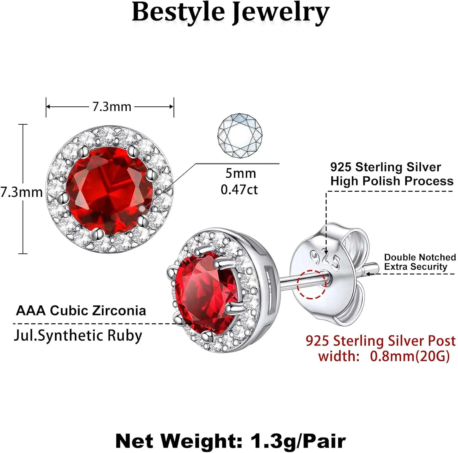 Bestyle Sparkling 925 Sterling Silver Birthstone Stud Earrings for Women, Heart/Round/Teardrop/Square Crystal Solitaire Diamond Studs Halo Earrings, Great Birthday/Christmas Gifts