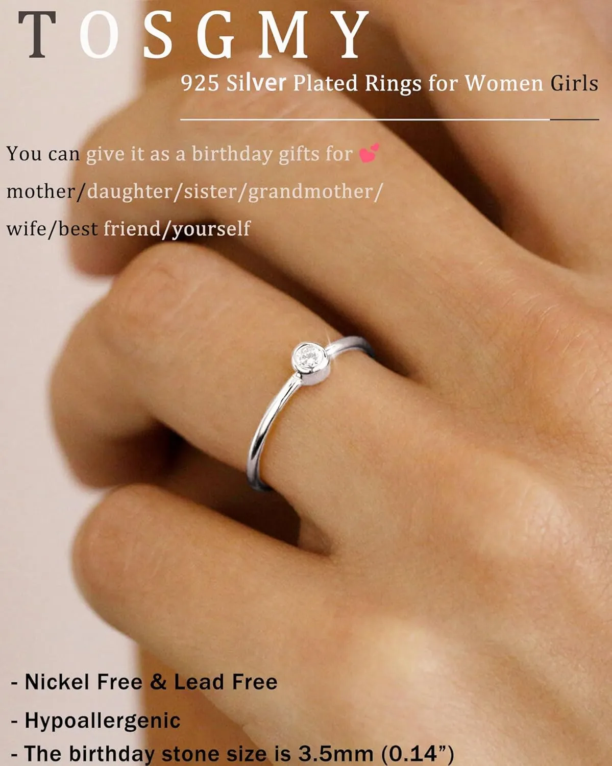 Birthstone Rings for Women Non Tarnish 14K Gold Plated Sterling Silver Stackable Birthday Gifts for Mom Dainty Emerald Green Blue CZ Gemstone Ring for Mothers Daughter Bridesmaid Gifts Jewelry