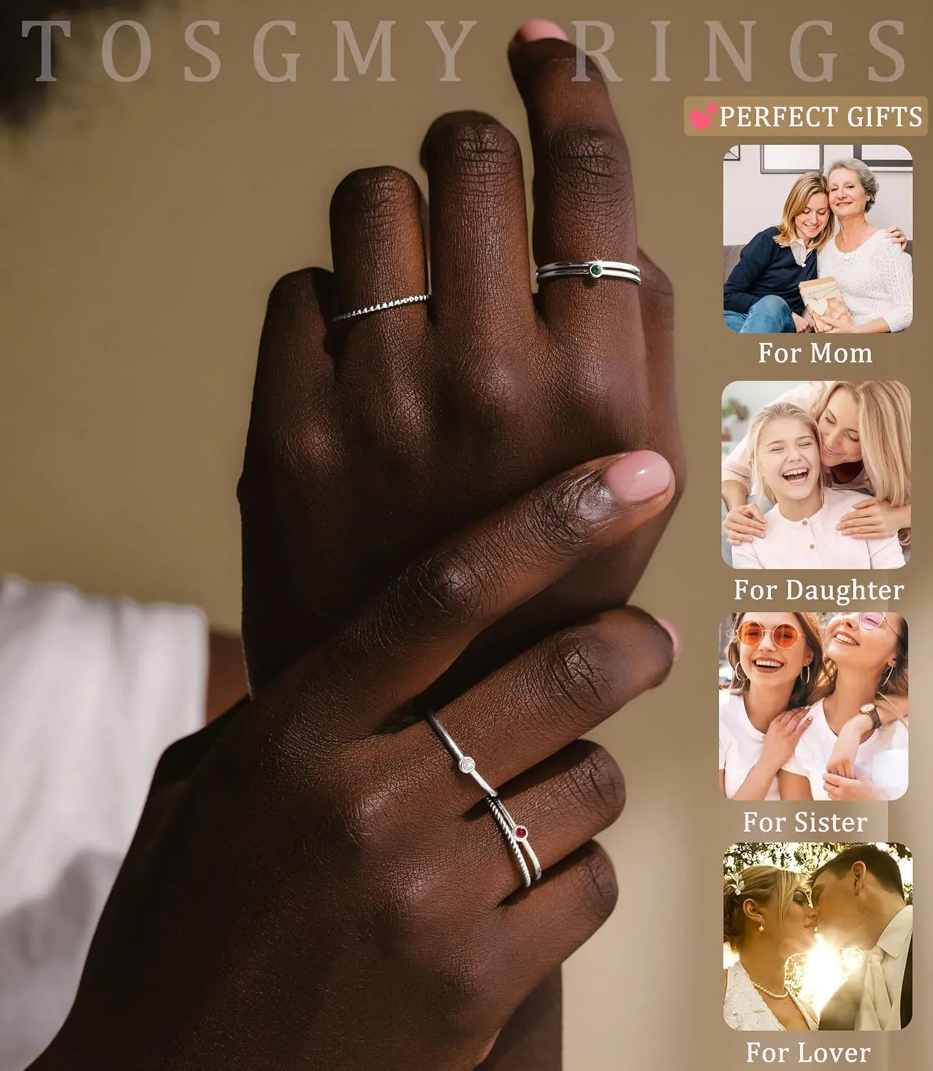 Birthstone Rings for Women Non Tarnish 14K Gold Plated Sterling Silver Stackable Birthday Gifts for Mom Dainty Emerald Green Blue CZ Gemstone Ring for Mothers Daughter Bridesmaid Gifts Jewelry