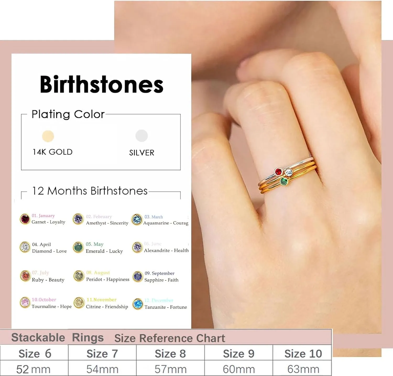Birthstone Rings for Women Non Tarnish 14K Gold Plated Sterling Silver Stackable Birthday Gifts for Mom Dainty Emerald Green Blue CZ Gemstone Ring for Mothers Daughter Bridesmaid Gifts Jewelry