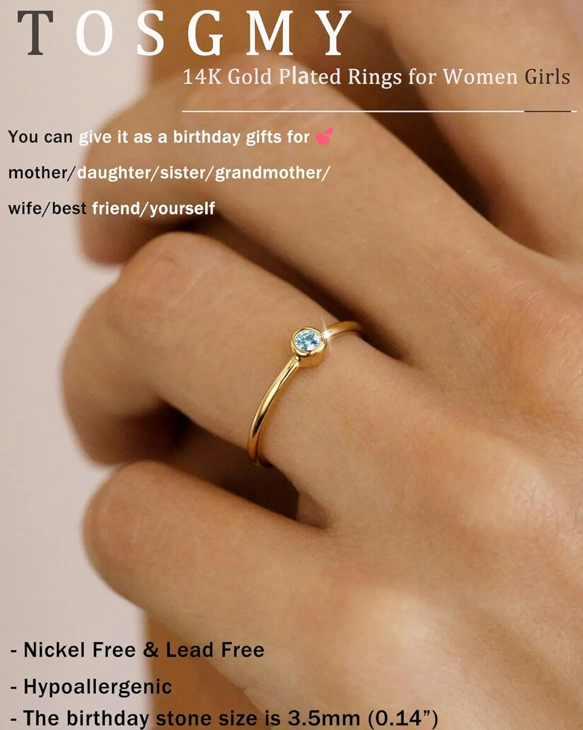 Birthstone Rings for Women Non Tarnish 14K Gold Plated Sterling Silver Stackable Birthday Gifts for Mom Dainty Emerald Green Blue CZ Gemstone Ring for Mothers Daughter Bridesmaid Gifts Jewelry