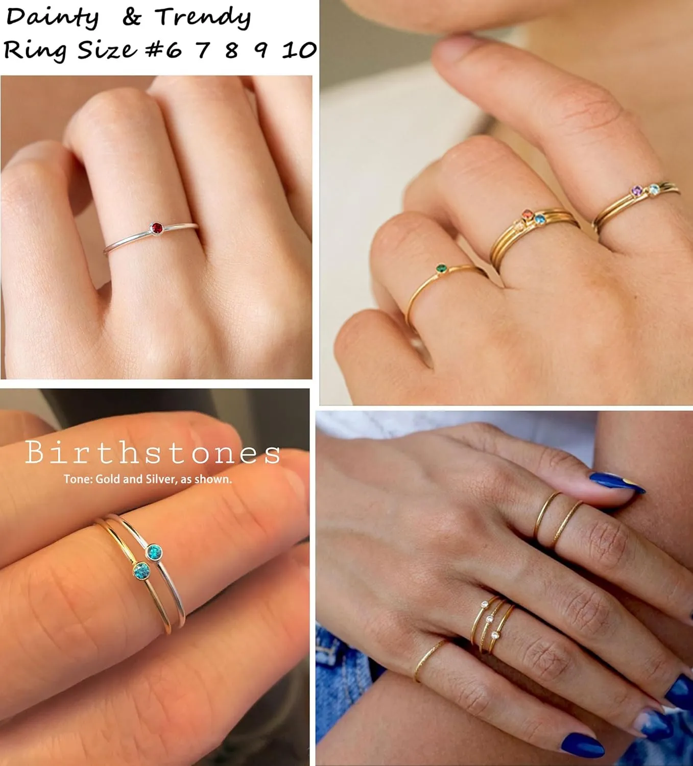 Birthstone Rings for Women Non Tarnish 14K Gold Plated Sterling Silver Stackable Birthday Gifts for Mom Dainty Emerald Green Blue CZ Gemstone Ring for Mothers Daughter Bridesmaid Gifts Jewelry
