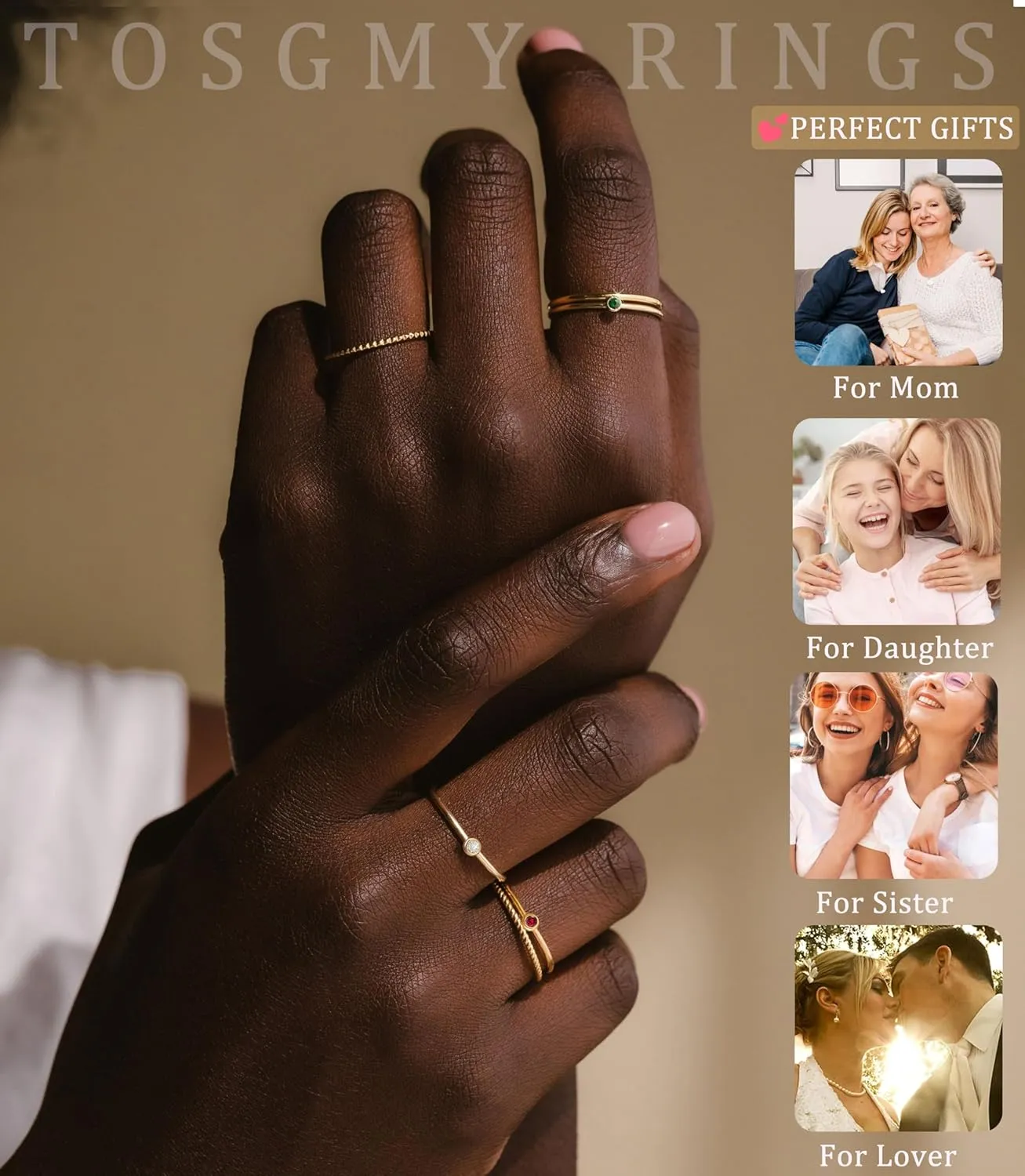 Birthstone Rings for Women Non Tarnish 14K Gold Plated Sterling Silver Stackable Birthday Gifts for Mom Dainty Emerald Green Blue CZ Gemstone Ring for Mothers Daughter Bridesmaid Gifts Jewelry