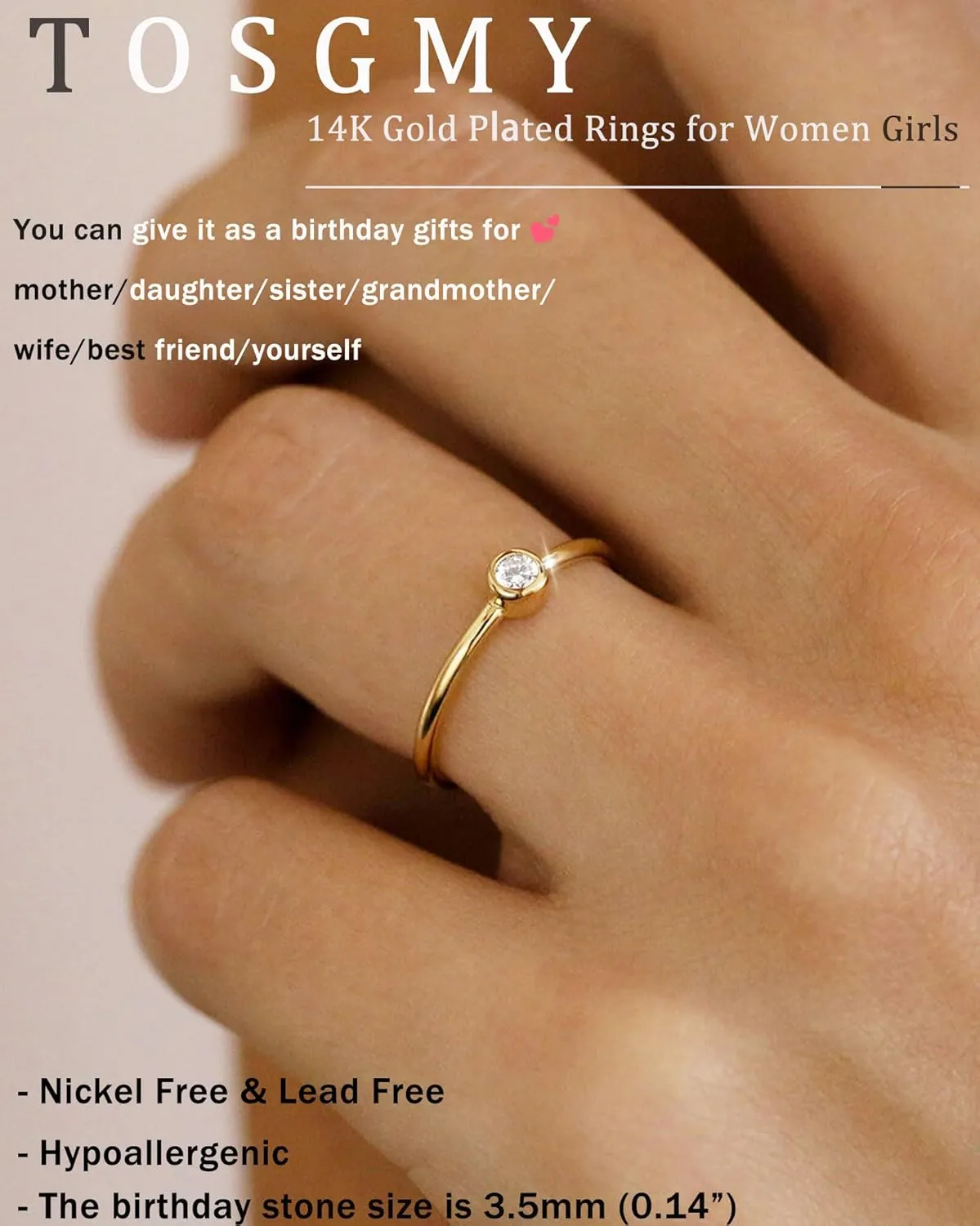 Birthstone Rings for Women Non Tarnish 14K Gold Plated Sterling Silver Stackable Birthday Gifts for Mom Dainty Emerald Green Blue CZ Gemstone Ring for Mothers Daughter Bridesmaid Gifts Jewelry