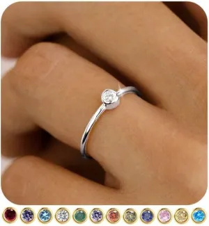 Birthstone Rings for Women Non Tarnish 14K Gold Plated Sterling Silver Stackable Birthday Gifts for Mom Dainty Emerald Green Blue CZ Gemstone Ring for Mothers Daughter Bridesmaid Gifts Jewelry