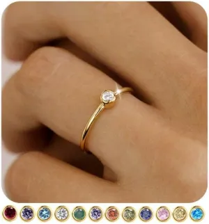 Birthstone Rings for Women Non Tarnish 14K Gold Plated Sterling Silver Stackable Birthday Gifts for Mom Dainty Emerald Green Blue CZ Gemstone Ring for Mothers Daughter Bridesmaid Gifts Jewelry