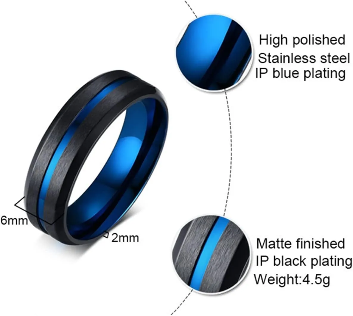 Black and Blue Mens Wedding Band, 8MM Stainless Steel Engagement Rings for Men with Custom Engraved