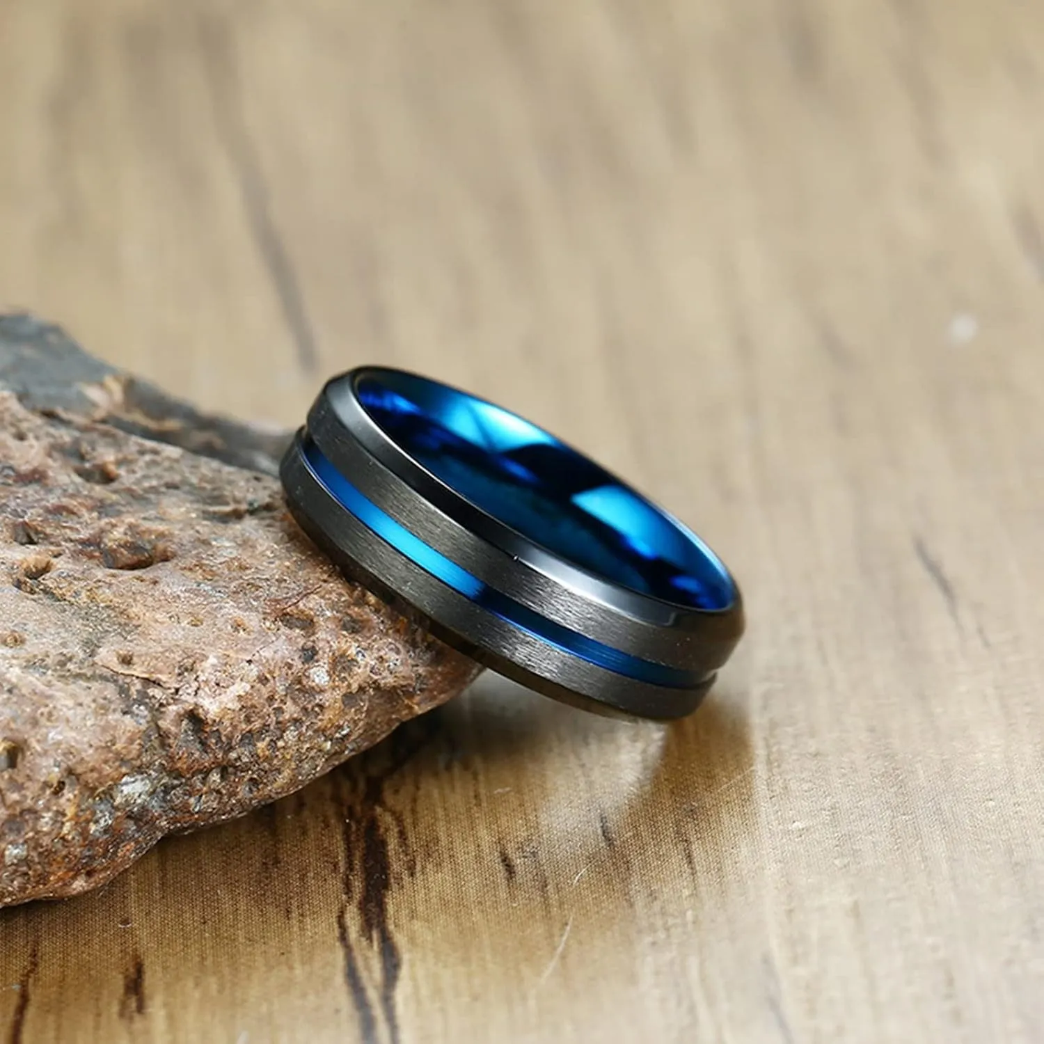 Black and Blue Mens Wedding Band, 8MM Stainless Steel Engagement Rings for Men with Custom Engraved