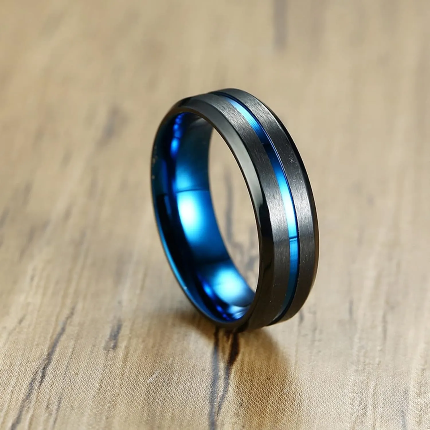 Black and Blue Mens Wedding Band, 8MM Stainless Steel Engagement Rings for Men with Custom Engraved