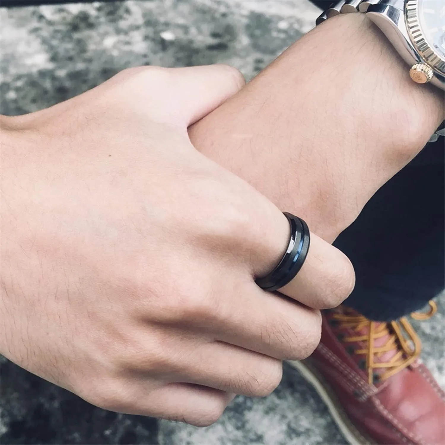 Black and Blue Mens Wedding Band, 8MM Stainless Steel Engagement Rings for Men with Custom Engraved