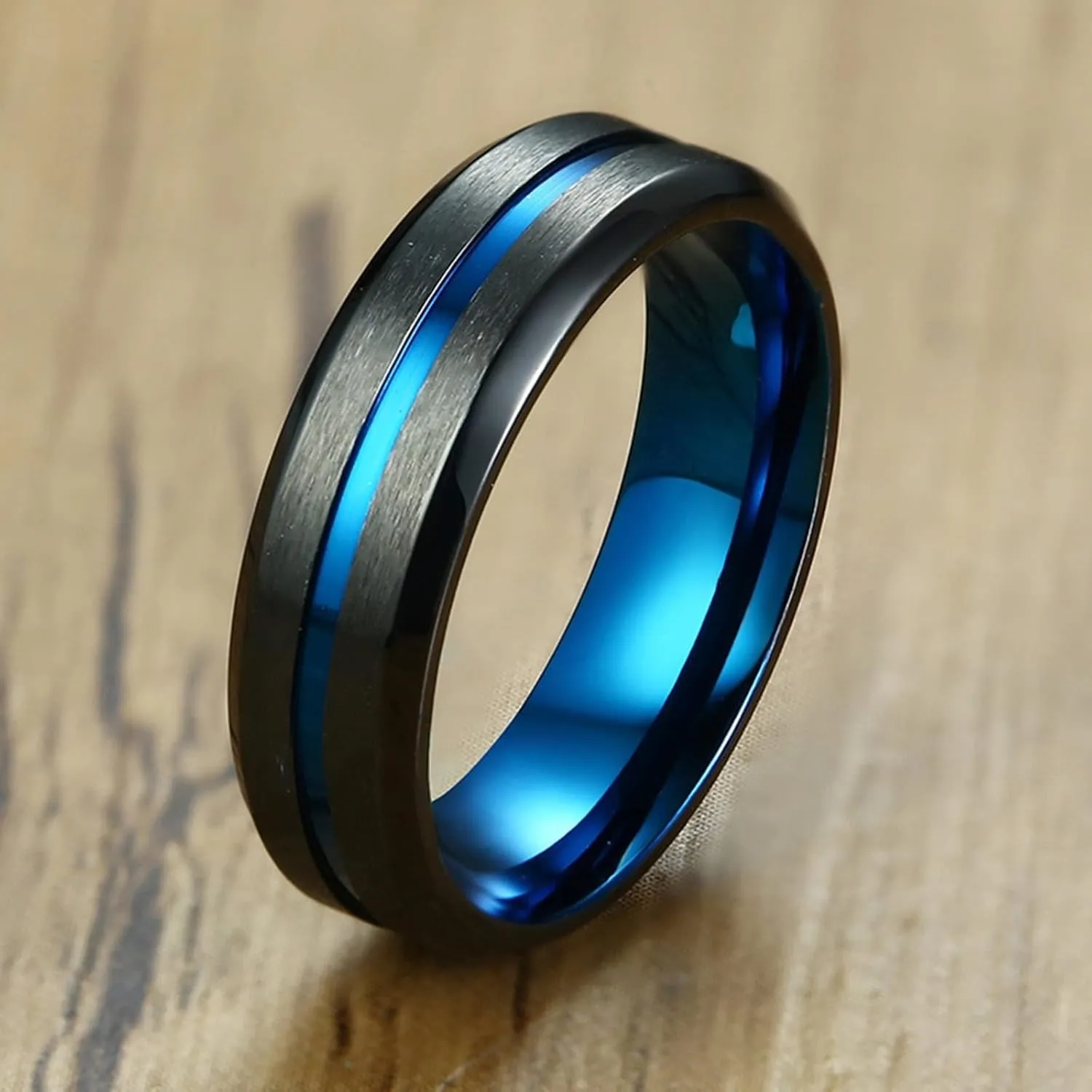 Black and Blue Mens Wedding Band, 8MM Stainless Steel Engagement Rings for Men with Custom Engraved