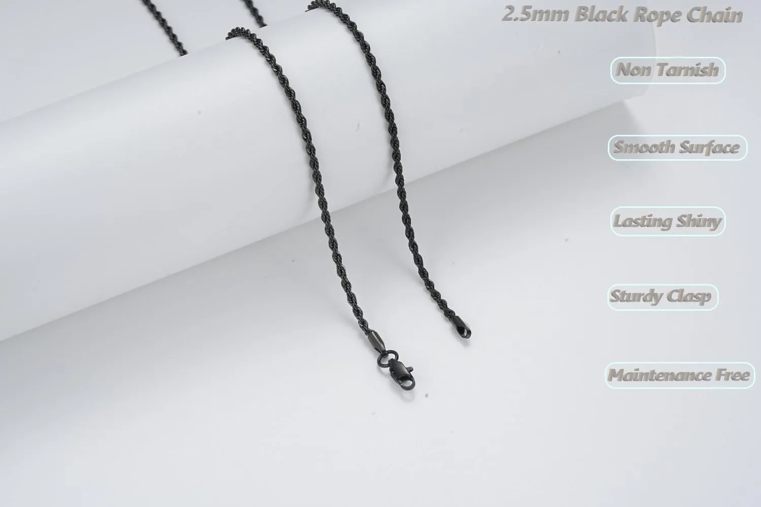 Black Chains for Men, Stainless Steel Rope Chain Necklace for Men and Women, Twist Mens Necklace, 2.5mm 3mm 4mm 5mm Wide