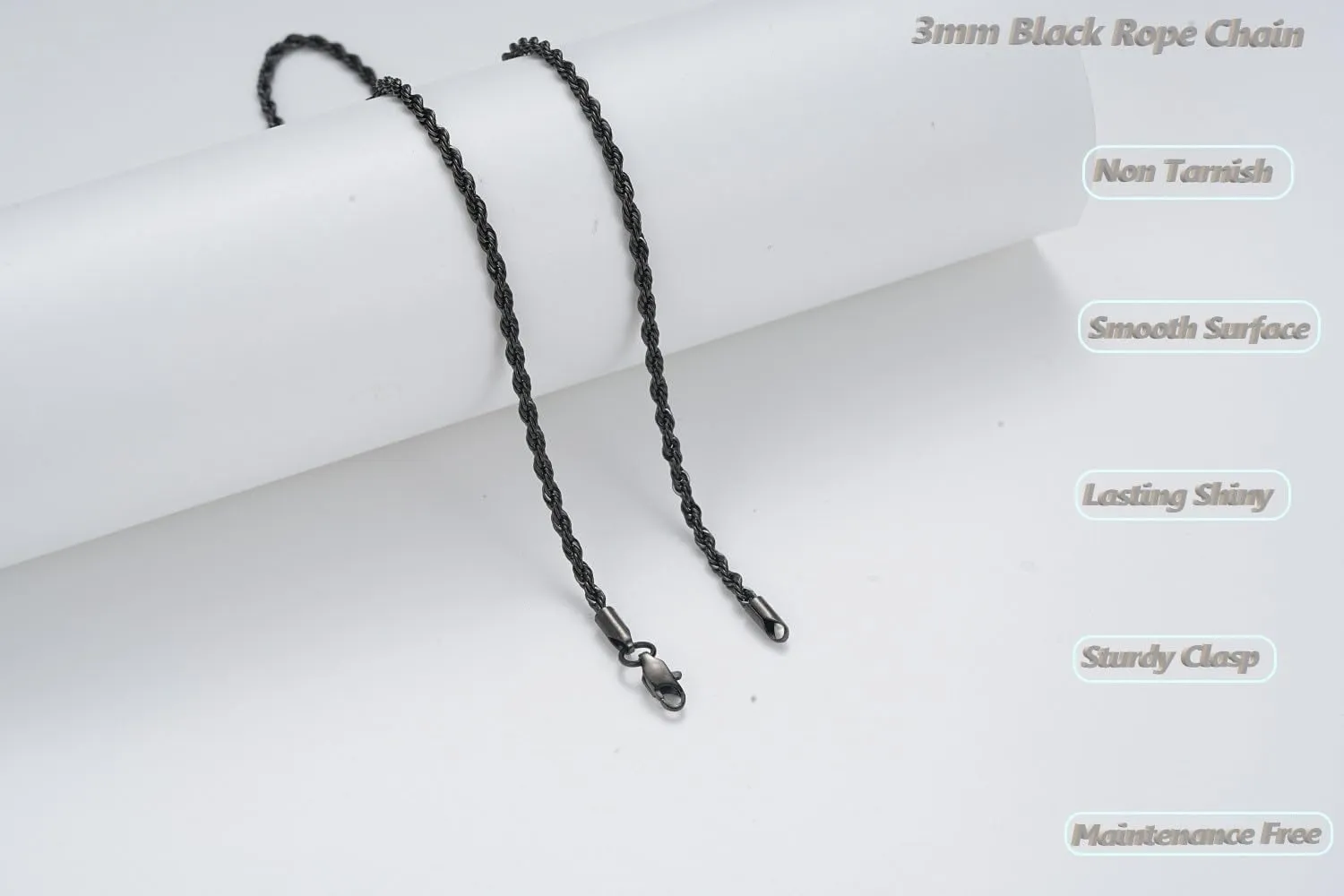 Black Chains for Men, Stainless Steel Rope Chain Necklace for Men and Women, Twist Mens Necklace, 2.5mm 3mm 4mm 5mm Wide