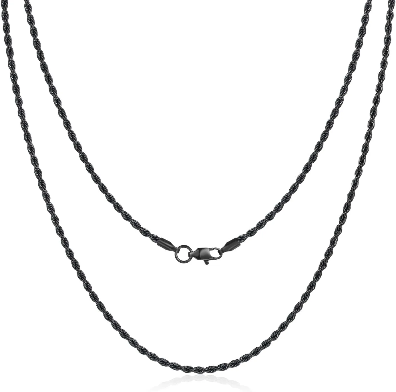 Black Chains for Men, Stainless Steel Rope Chain Necklace for Men and Women, Twist Mens Necklace, 2.5mm 3mm 4mm 5mm Wide
