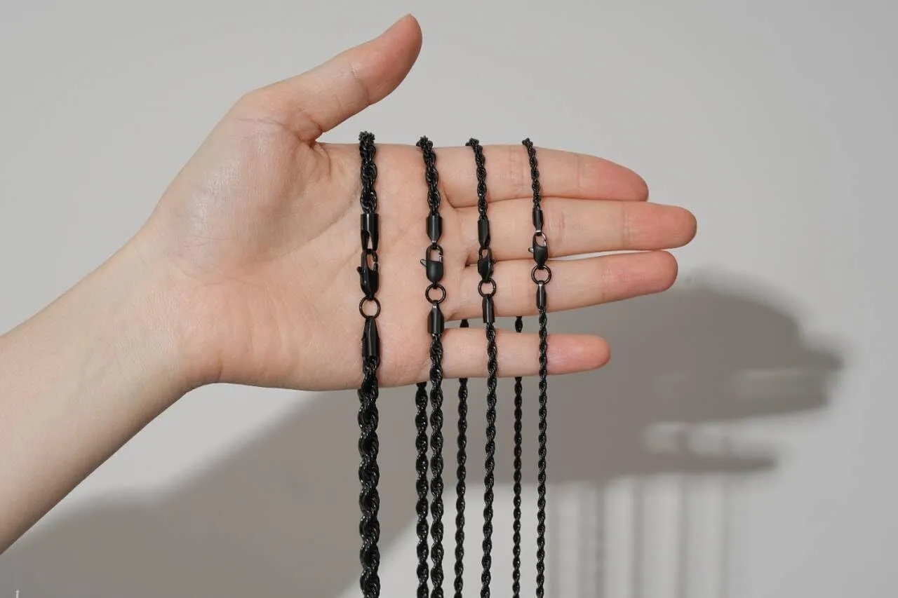 Black Chains for Men, Stainless Steel Rope Chain Necklace for Men and Women, Twist Mens Necklace, 2.5mm 3mm 4mm 5mm Wide