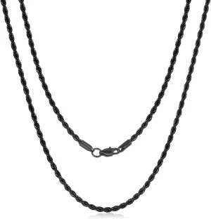 Black Chains for Men, Stainless Steel Rope Chain Necklace for Men and Women, Twist Mens Necklace, 2.5mm 3mm 4mm 5mm Wide