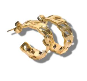 B.Lauren Designs Cuban Link Minimalist Hoops, 18K Gold Plated C-Shape Earrings, Everyday Earrings for Her, Stainless Steel Post